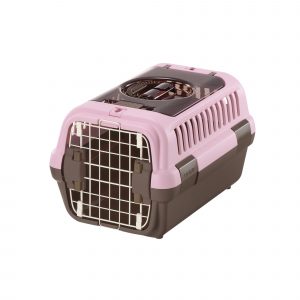 pink and brown plastic dog crate