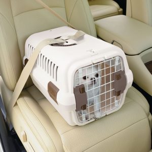 White pet carrier strapped into seatbelt